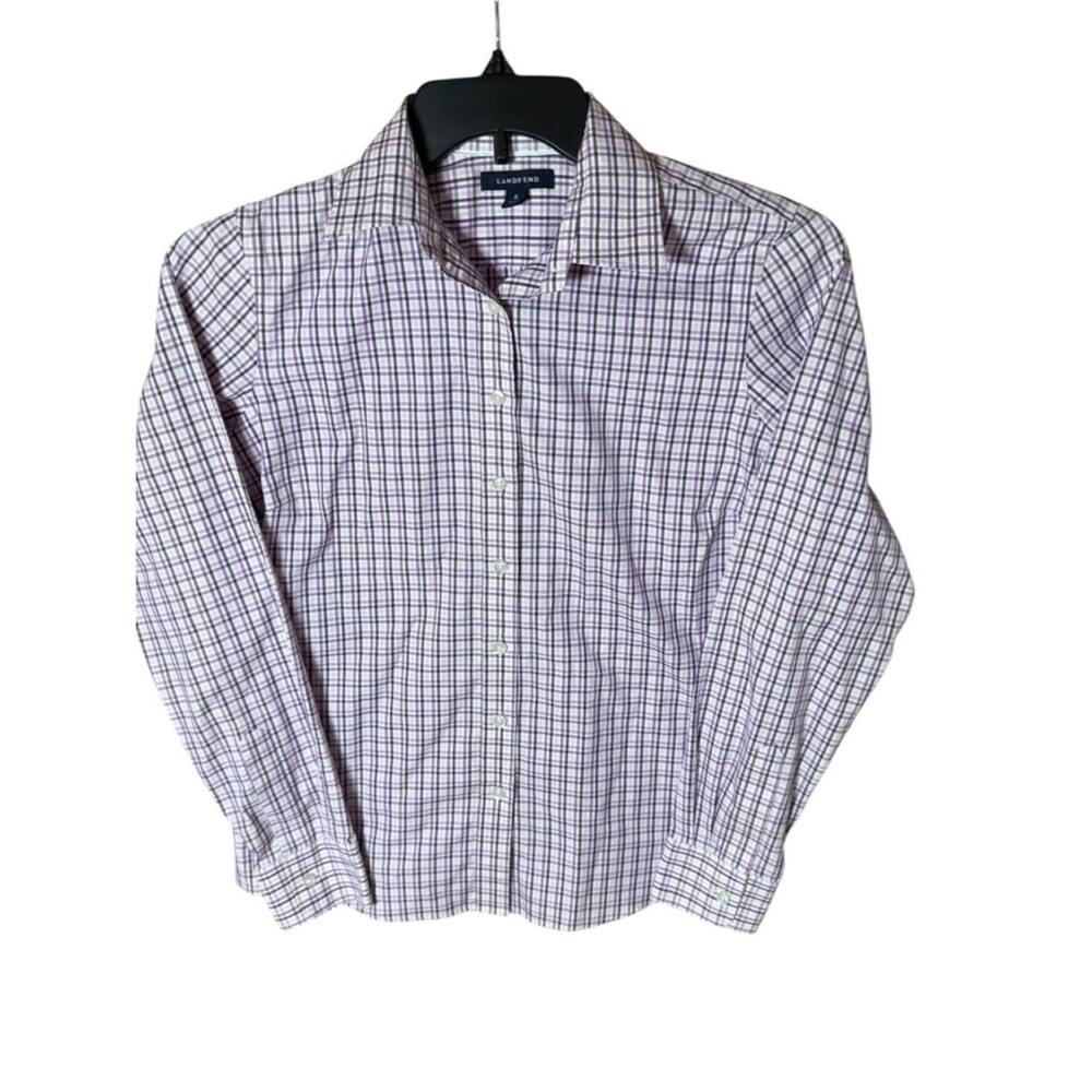 Lands' End Women's No Iron Pinpoint Oxford Purple Plaid Button Down Shirt Size 6
